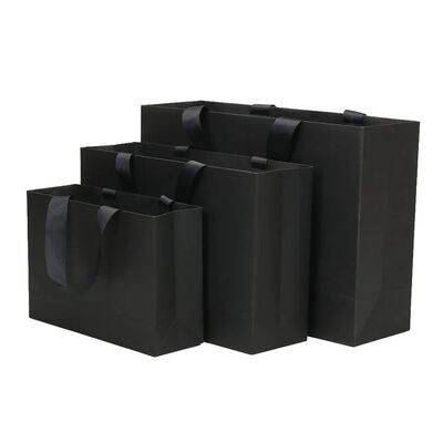 Recyclable Packaging Retail Clothing Black Cardboard Paper Bag with Black Ribbon Handle