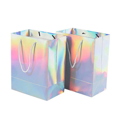 Custom your own logo printing private label beautiful cosmetic carry shopping holographic gift paper bag